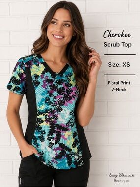 CHEROKEE women floral short sleeve work scrub top/size XS